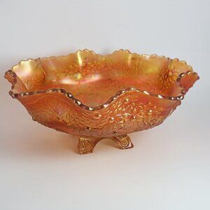 Fenton Orange Tree 4 Foot Marigold Iridescent Carnival Glass Ruffled Bowl 10"